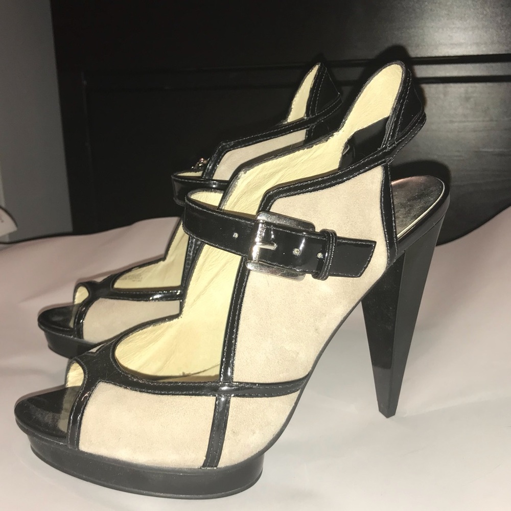Michael Kors Gray Suede Black Patent Open Toe Pump